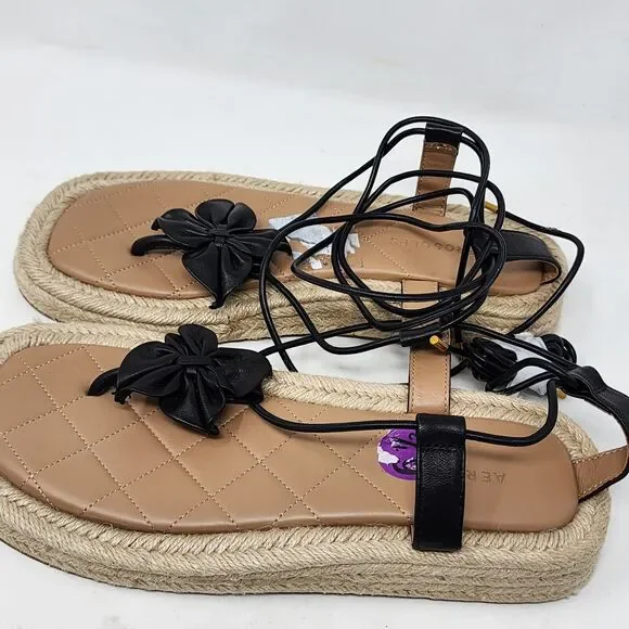 Aerosoles Fanie Lace Up Black Leather Flower Espadrilles Sandals Size 9.5 Black - Picture 10 of 14